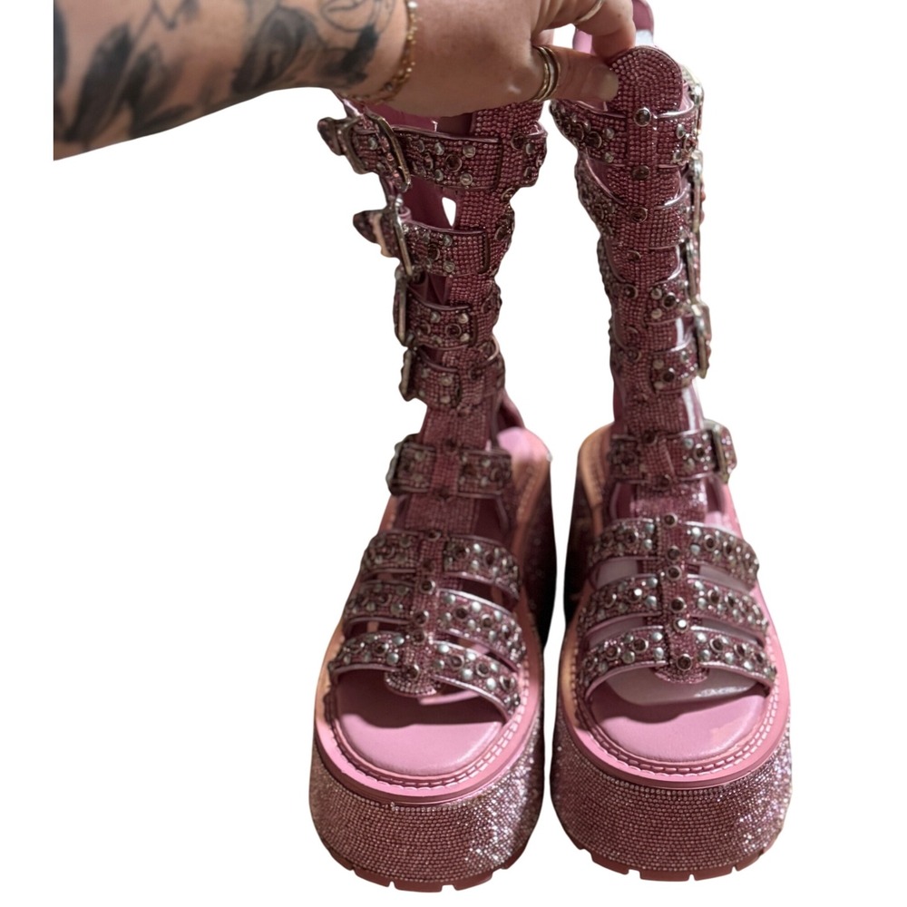 Pink Rhinestone Gladiator Platform Sandals Buckle Accent Size 8M see pictures